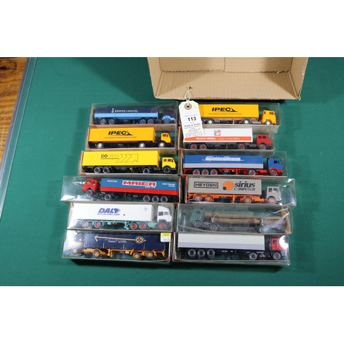 113 - 12 Wiking HO 1:87 Articulated Trucks. Makes including Mercedes Benz, Scania and a DAF. Liveries incl... 