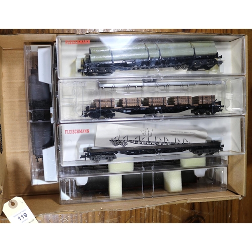 119 - 10 Fleischmann HO gauge Freight Wagons. All bogie wgons. 2-tier Car Transprter. Tank wagon, Eva. 4x ... 