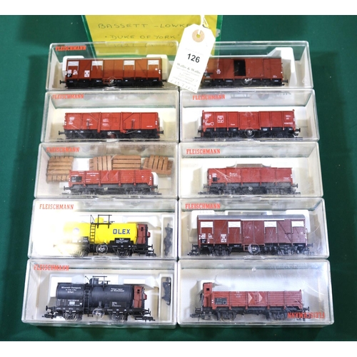 126 - 10 Fleischmann HO Gauge Freight Wagons. 2x tank wagons, OLEX and Mineralol-Transporte.2x LWB open mi... 