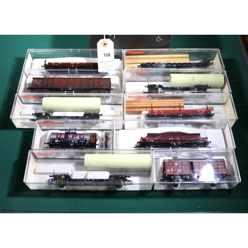 128 - 10 Fleischmann HO Gauge Freight Wagons. 3x well wagons, tank wagon, with guards compartment, D.A.P.G... 