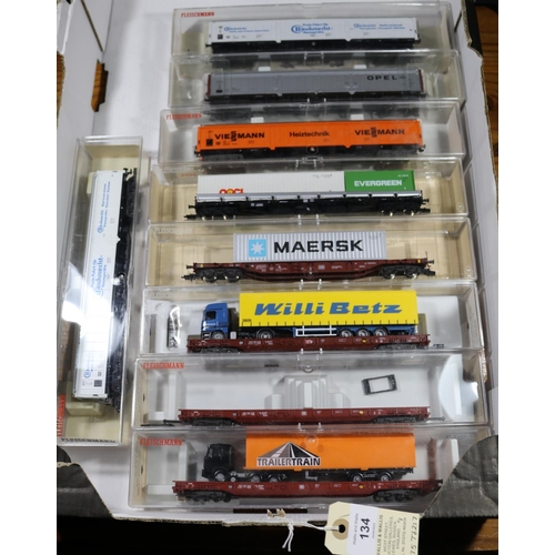 134 - 9 Fleischmann HO gauge Freight Wagons. 4x LWB Bogie Box Vans - liveries Opel, Viessmann and 2x Baukn... 