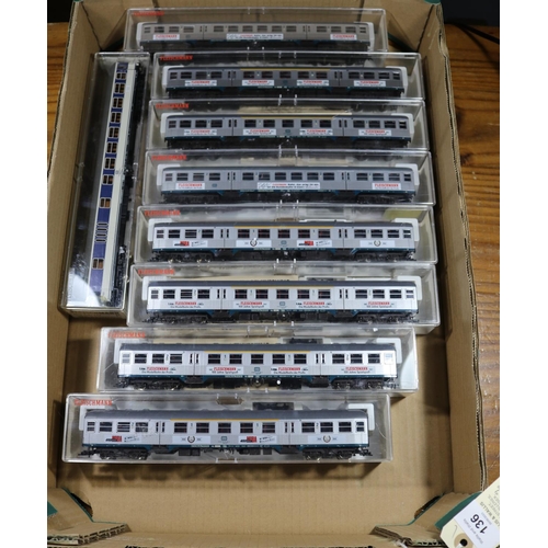 136 - 8 Fleischmann HO gauge DB Suburban Passenger Coaches. Most 1st/2nd composite. All in silver livery w... 