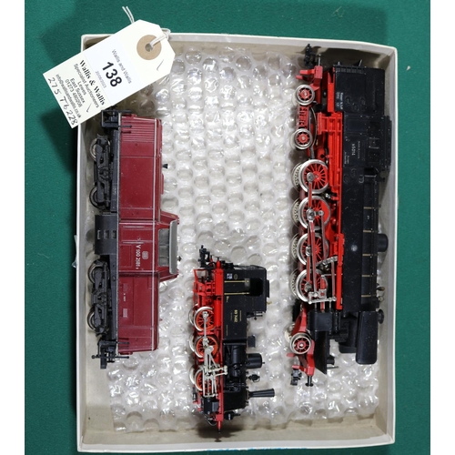 138 - 3 Fleischmann HO gauge Locomotives. DR class 89 0-6-0T Steam Locomotive, RN 89 7462. DB class 65 2-8... 