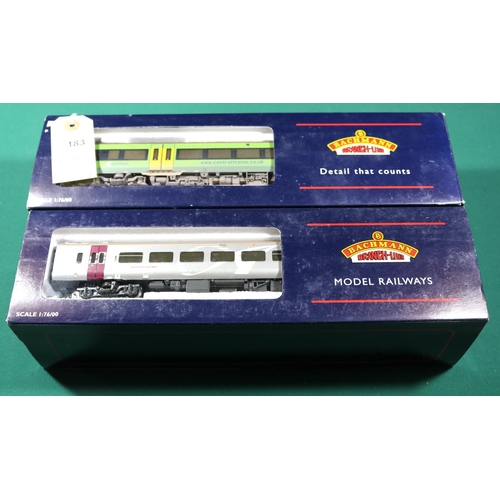 183 - 2x Bachmann OO gauge 2-car DMU sets. A Central Trains Turbostar train in weathered green livery (32-... 