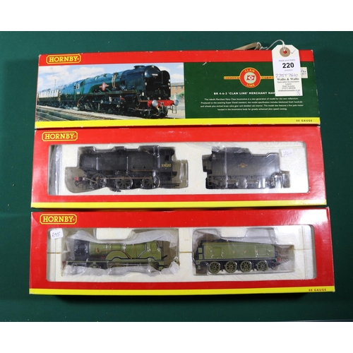 220 - 3x Hornby OO gauge locomotives. An LSWR Class T9 4-4-0, 120, in light green (R2892). A BR Merchant N... 