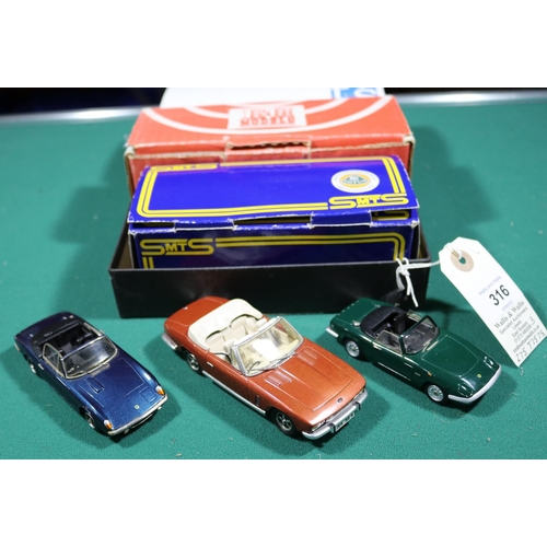 316 - 3 white-metal 1:43 scale British Sports Cars. An SMTS Lotus Elan in British Racing Green with black ... 