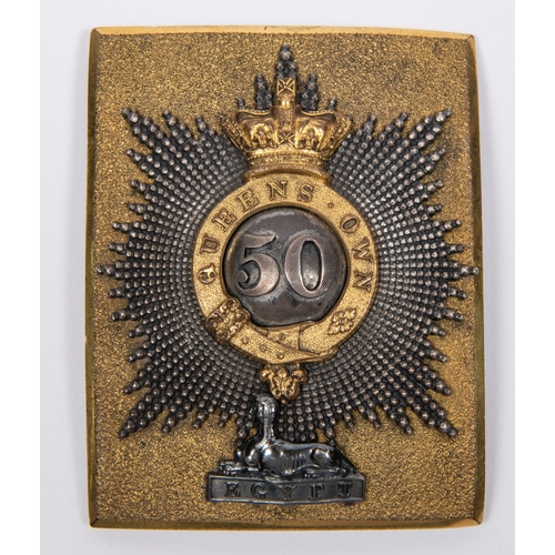 223 - An officer's rectangular shoulder belt plate of the 50th Queen's Own Regiment c 1850. GC, the gilt g... 