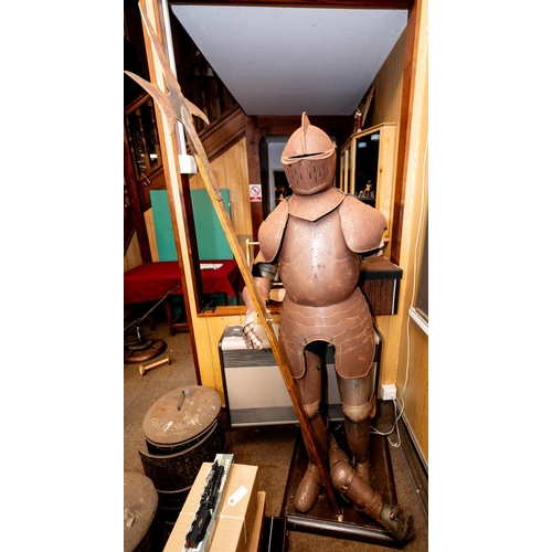 381 - A full size suit of replica armour, probably made for decor or a film prop, complete with a halberd,... 