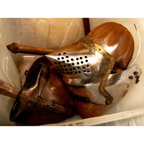 382 - A quantity of theatrical reproduction armour, comprising bascinet close helmet, war hammer, lobster ... 