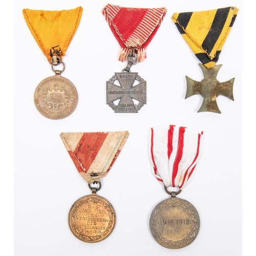 70 - Five Austro Hungarian medals: Austrian Tyrol campaign, 1914-18; Austrian 1914-18 War Medal; Austro H... 