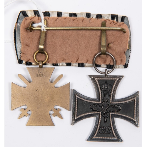 78 - WWI German medal pair: 1914 Iron Cross 2nd class, and 1914-18 Honour Cross with swords, mounted on b... 