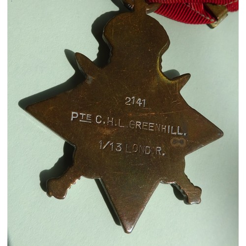 22 - A group of WWI/WWII medals to C H L Greenhill, 13th County of London Battalion (Kensington), compris... 