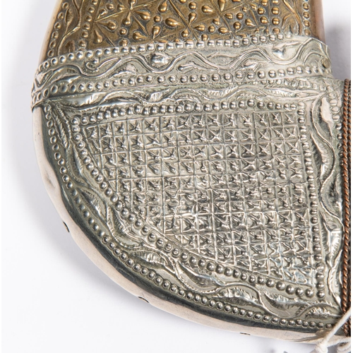 329 - A very good Arab jambiya, watered steel blade 6½”, with panel of overlaid silver Arabic script on on... 