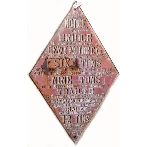 164 - A large diamond shaped cast iron South East and Chatham Railway bridge weight limit sign. Red ground... 