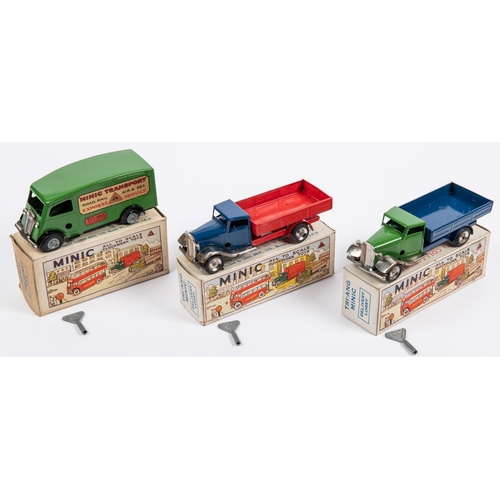 290 - 3x Tri-ang Minic clockwork tinplate commercial vehicles. A Delivery Van in green Minic Transport. 2x... 