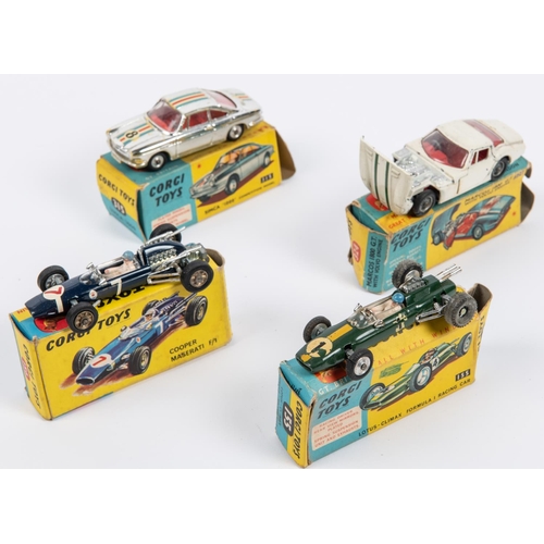 336 - 4 Corgi Toys. Lotus-Climax Formula 1 Racing Car (155). In green with yellow stripe, RN 1. Cooper Mas... 