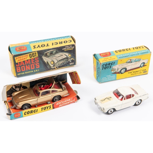 340 - 2 Corgi Toys. A James Bond Aston Martin DB5 (261). Gold body, red interior and 'wire wheels'. no ban... 