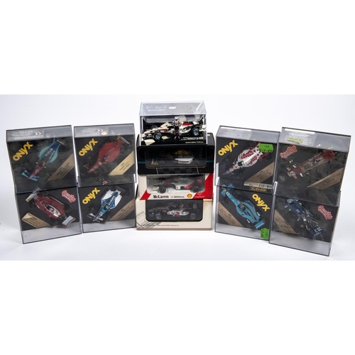 344 - 12 1:43 Single Seat Racing Cars. 7x ONYX- Honda MP 4/5, Senna. Jordan 194 Sasol Irvine. Pacific Ford... 