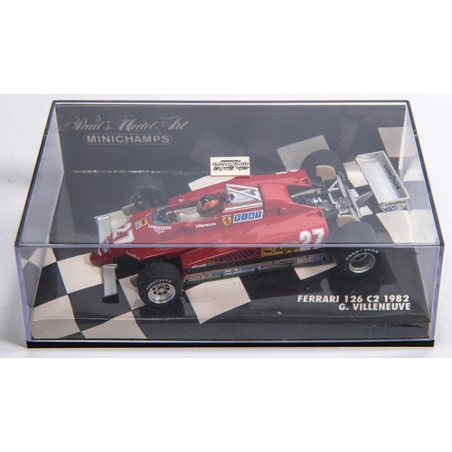 345 - 6 Minichamps 1:43 F1 Single Seat Racing Cars, Ferrari 126 C2 1982, G.Villeneuve, Prost Peugeot AP01,... 