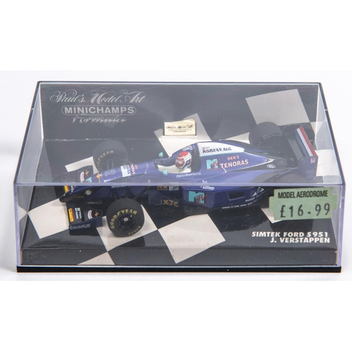 349 - 6 Minichamps 1:43 F1 Single Seat Racing Cars.  Sauber Mercedes C13, De Ceraris. Braun GP Show Car 20... 