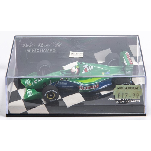 352 - 6 Minichamps 1:43 F1 Single Seat Racing Cars. Ferrari Test Car Fiorano 1998, Schumacher. Jordan 191 ... 