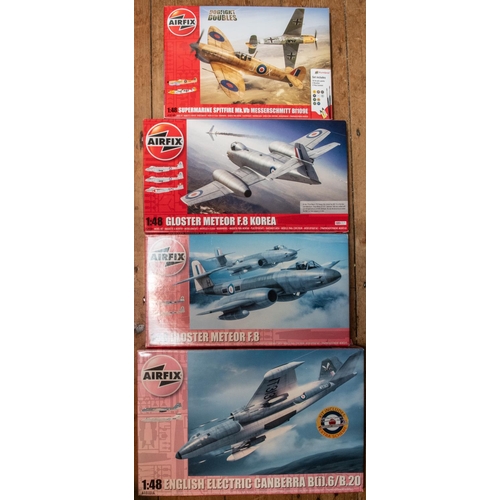 365 - 4 Airfix 1:48 scale Model Kits. All aircraft. Gloster Meteor F.8 Korea. Supermarine Spitfire & Messe... 