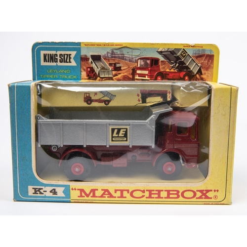 373 - 4x Matchbox King Size. K-4; Leyland Tipper Truck in metallic maroon with silver back. K-8; Caterpill... 