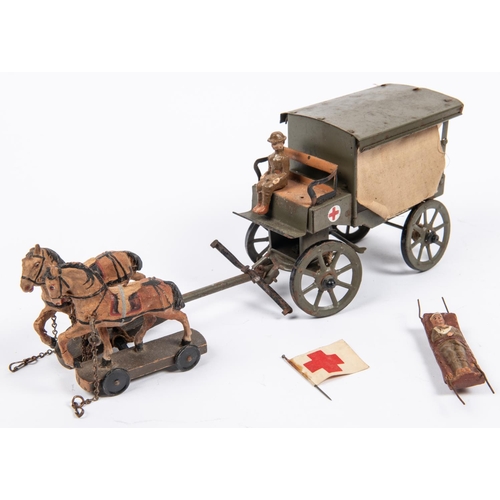 462 - Elastolin Lineol  Horse drawn Tin plate WW1 Ambulance. Pulled by 2 Horses on wooden bases with 4 sma... 