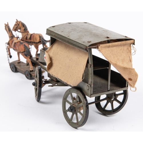 462 - Elastolin Lineol  Horse drawn Tin plate WW1 Ambulance. Pulled by 2 Horses on wooden bases with 4 sma... 