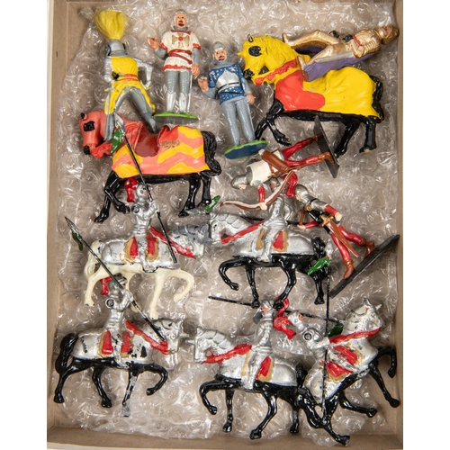 463 - Quantity of metal Knights and Crusaders, By various makers, 2 mounted knights on brightly painted ho... 