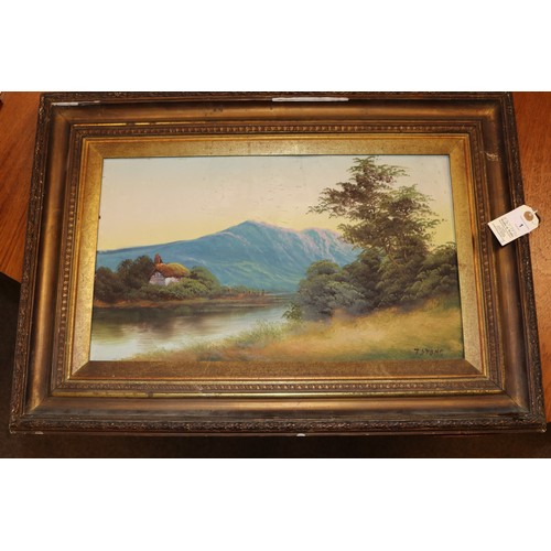 1 - A pair of 19th century oil paintings on board. Both landscape scenes with blue mountains in the back... 