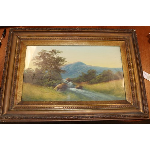 1 - A pair of 19th century oil paintings on board. Both landscape scenes with blue mountains in the back... 