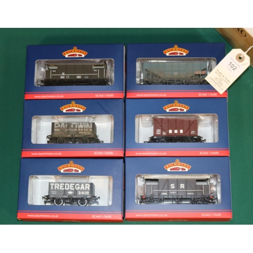 102 - 6x Bachmann Branch-Line Model Railways Wagons. 7 Plank End Door Wagon Tredegar With Load (37-091). 7... 