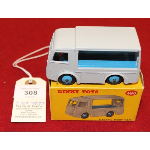 308 - Dinky Toys 490, Electric Dairy Van. Milk float in grey 'Express Dairy' livery with blue wheels. Boxe... 