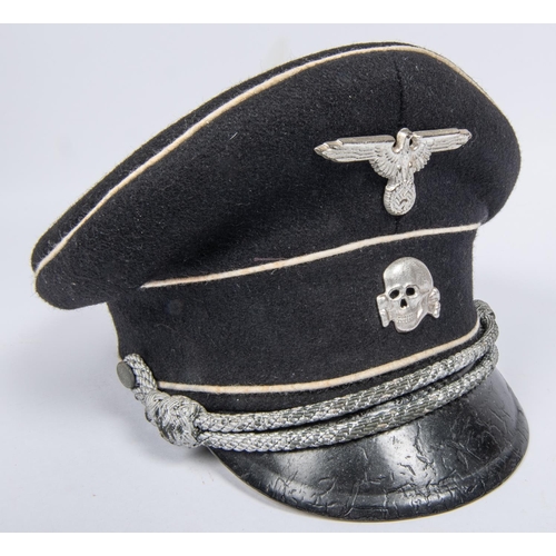 166 - A Third Reich Allgemeine SS officer's black SD cap, white piping, alloy eagle and skull badges, brai... 