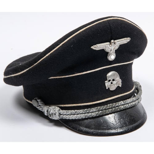 166 - A Third Reich Allgemeine SS officer's black SD cap, white piping, alloy eagle and skull badges, brai... 