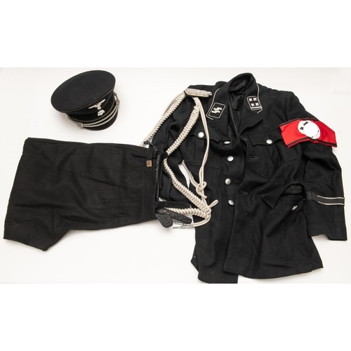 174 - A good quality copy of an Allgemeine SS officers uniform, comprising peaked cap, tunic with aigulett... 