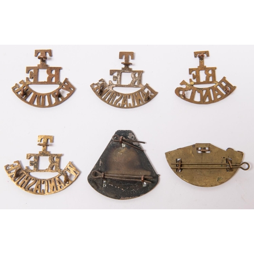 230 - Five T/RE brass shoulder titles: HIGHLAND, W.RIDING, HANTS, LANCASHIRE, and W.LANCASHIRE; also T/SIG... 