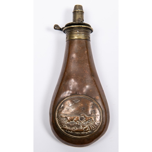 423 - A copper powder flask of the sporting type, embossed with hounds. GC (spring missing). £30-40