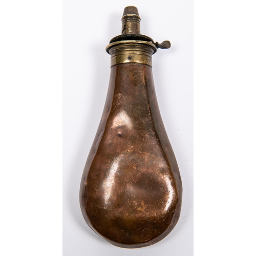 423 - A copper powder flask of the sporting type, embossed with hounds. GC (spring missing). £30-40