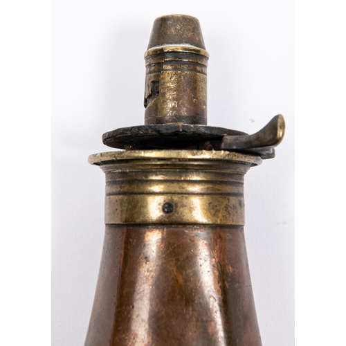 423 - A copper powder flask of the sporting type, embossed with hounds. GC (spring missing). £30-40