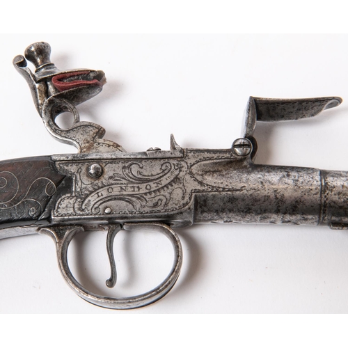 425 - A 60 bore cannon barrelled flintlock boxlock pocket pistol by Barber, London c 1780, 7¾