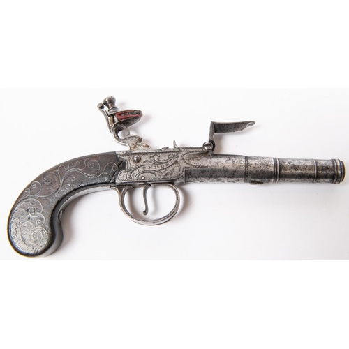 425 - A 60 bore cannon barrelled flintlock boxlock pocket pistol by Barber, London c 1780, 7¾