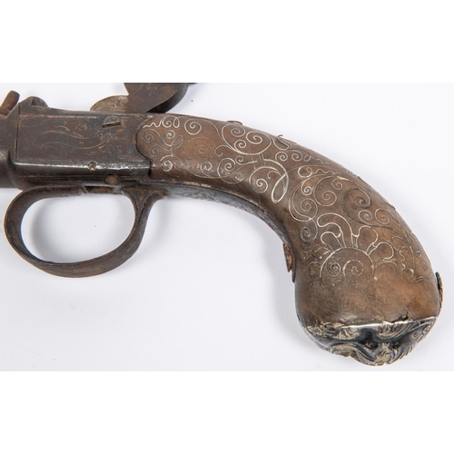 429 - A late 18th century 26 bore silver mounted cannon barrelled pistol converted to percussion, 12