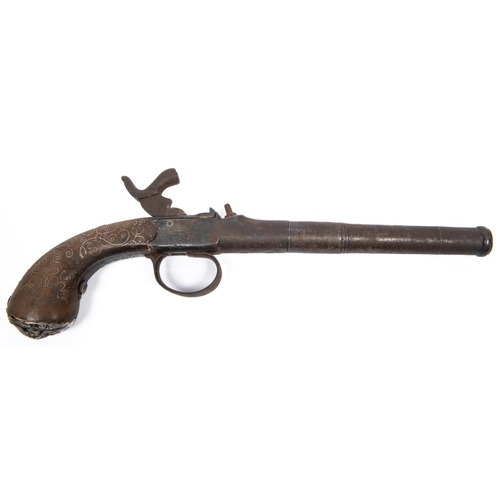 429 - A late 18th century 26 bore silver mounted cannon barrelled pistol converted to percussion, 12