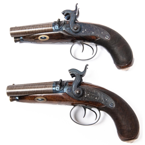 434 - A good pair of Irish double barrelled side by side 34 bore percussion travelling pistols, by Bowls o... 