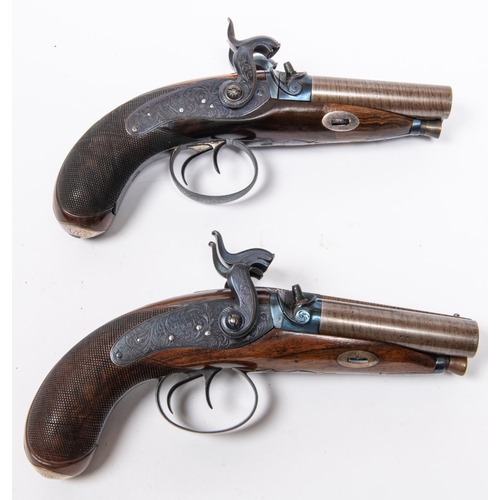 434 - A good pair of Irish double barrelled side by side 34 bore percussion travelling pistols, by Bowls o... 