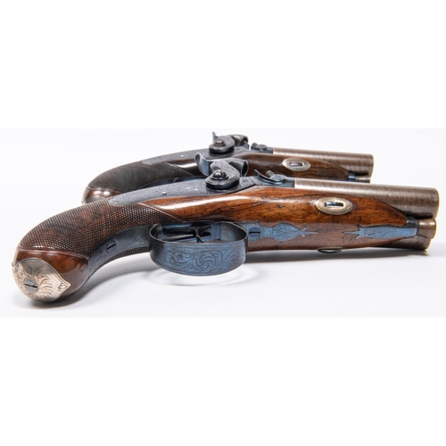 434 - A good pair of Irish double barrelled side by side 34 bore percussion travelling pistols, by Bowls o... 