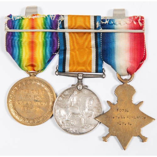 54 - Three: 1914-15 star, BWM, Victory (1075 Gnr H.L. Ackland RA), VF mounted as worn. £35-50