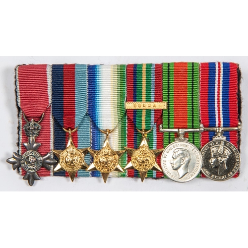 63 - Miniature medals: Group of 6, MBE 2nd type civil, 1939-45 star, Atlantic star, Pacific star with Bur... 